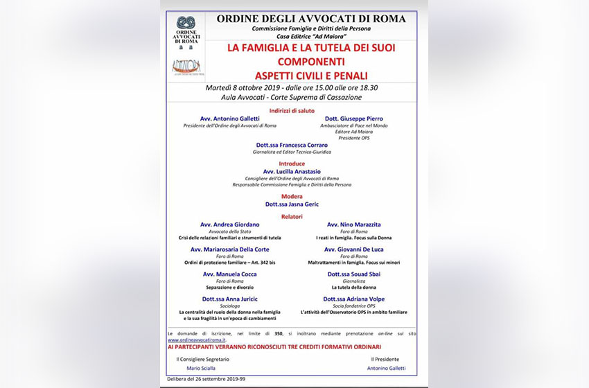  Roma: convegno “La famiglia e la tutela dei suoi componenti-aspetti civili e penali”