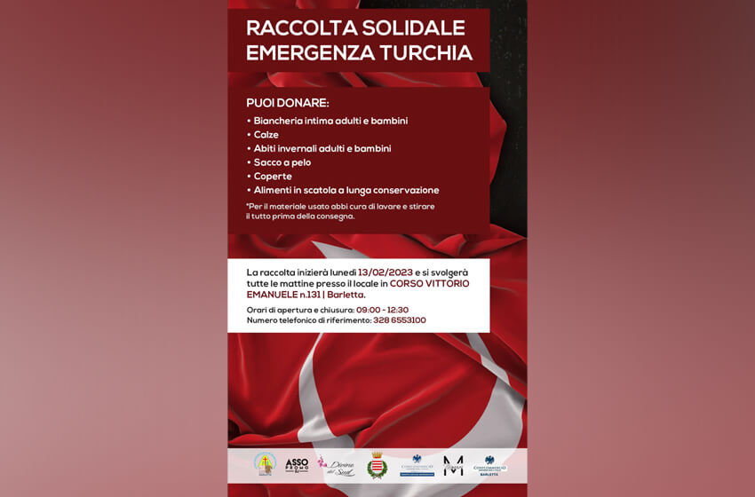 Terremoto in Turchia e Siria, alcune associazioni di Barletta avviano la raccolta solidale in favore delle popolazioni colpite dal terribile sisma